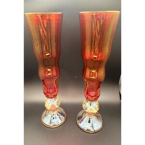 Vintage Bombay Glass Poland Red Iridescent Champagne Flutes Pair